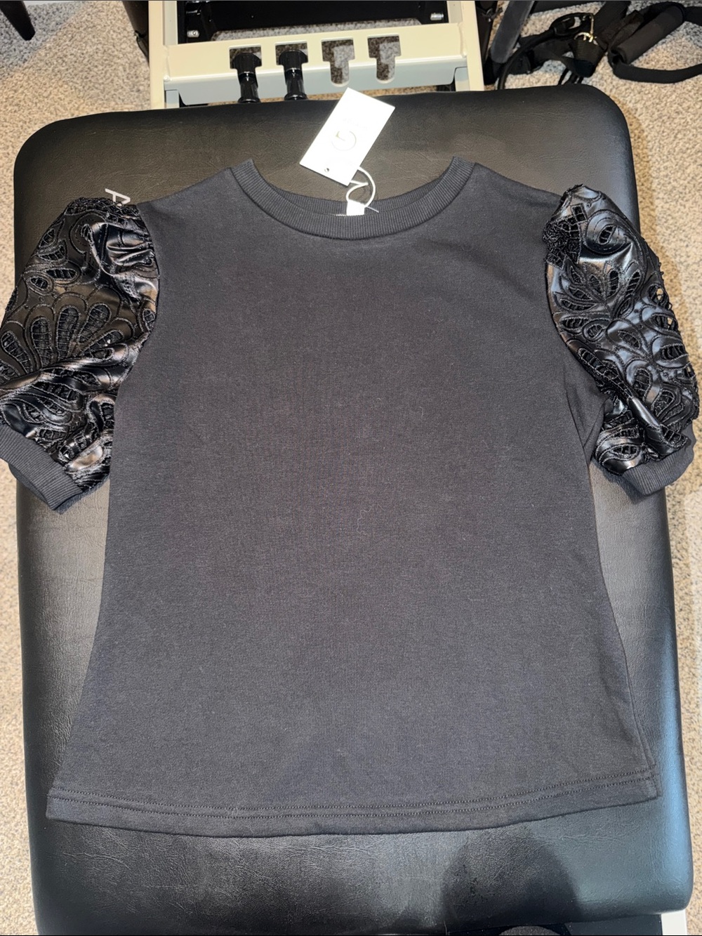 Women's Black Puff Sleeve Short-Sleeve Top - Textured Sleeve Detail